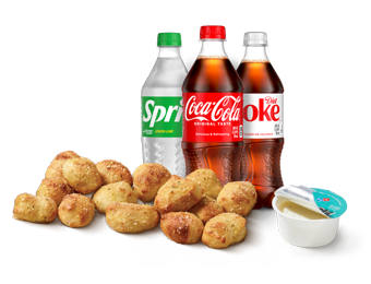 Domino's products including Parmesan Bread Bites, 20oz sodas, and dip cup