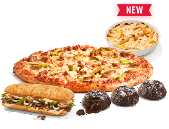 Domino's products including pizza, pasta, oven-baked sandwich and Chocolate Lava Crunch Cakes